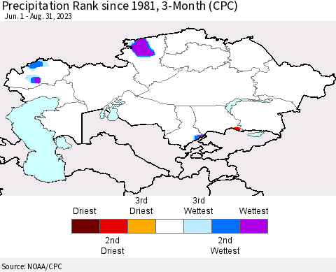 Kazakhstan Precipitation Rank since 1981, 3-Month (CPC) Thematic Map For 6/1/2023 - 8/31/2023