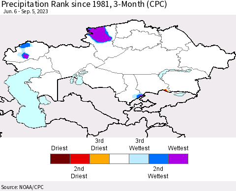 Kazakhstan Precipitation Rank since 1981, 3-Month (CPC) Thematic Map For 6/6/2023 - 9/5/2023