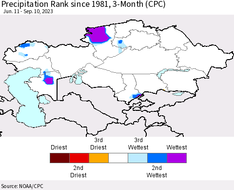 Kazakhstan Precipitation Rank since 1981, 3-Month (CPC) Thematic Map For 6/11/2023 - 9/10/2023