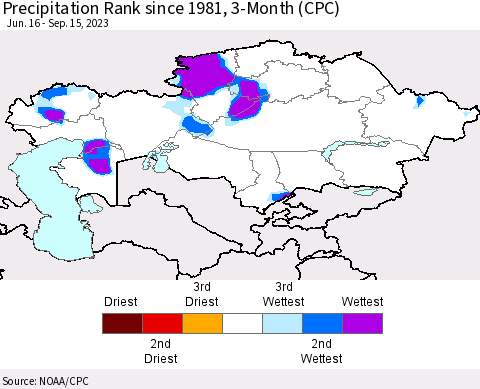 Kazakhstan Precipitation Rank since 1981, 3-Month (CPC) Thematic Map For 6/16/2023 - 9/15/2023