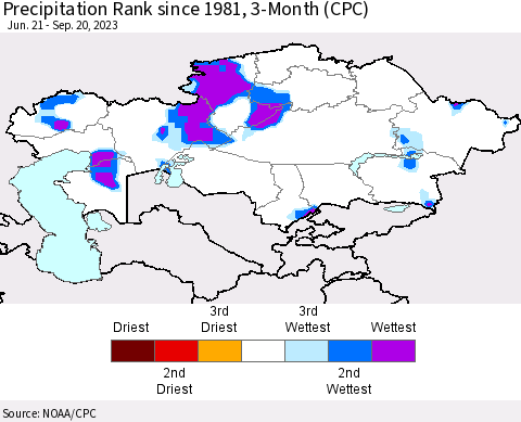 Kazakhstan Precipitation Rank since 1981, 3-Month (CPC) Thematic Map For 6/21/2023 - 9/20/2023