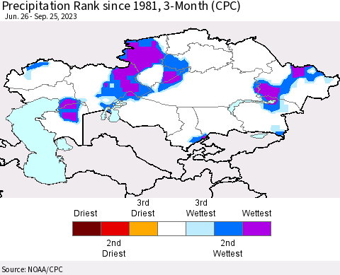 Kazakhstan Precipitation Rank since 1981, 3-Month (CPC) Thematic Map For 6/26/2023 - 9/25/2023