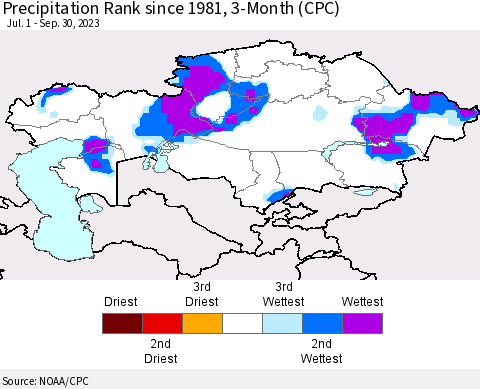 Kazakhstan Precipitation Rank since 1981, 3-Month (CPC) Thematic Map For 7/1/2023 - 9/30/2023