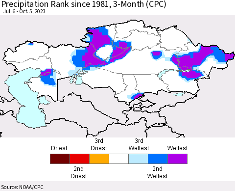 Kazakhstan Precipitation Rank since 1981, 3-Month (CPC) Thematic Map For 7/6/2023 - 10/5/2023