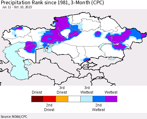 Kazakhstan Precipitation Rank since 1981, 3-Month (CPC) Thematic Map For 7/11/2023 - 10/10/2023