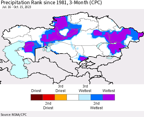 Kazakhstan Precipitation Rank since 1981, 3-Month (CPC) Thematic Map For 7/16/2023 - 10/15/2023