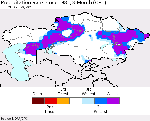 Kazakhstan Precipitation Rank since 1981, 3-Month (CPC) Thematic Map For 7/21/2023 - 10/20/2023