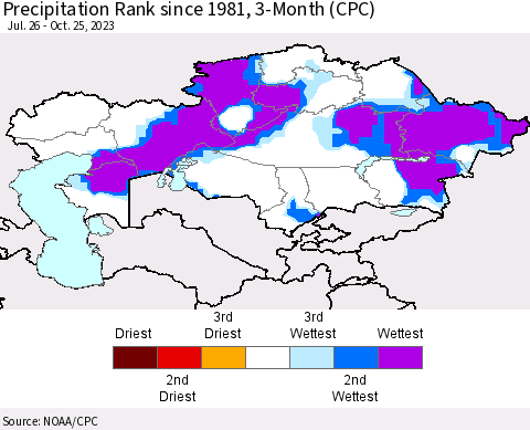Kazakhstan Precipitation Rank since 1981, 3-Month (CPC) Thematic Map For 7/26/2023 - 10/25/2023