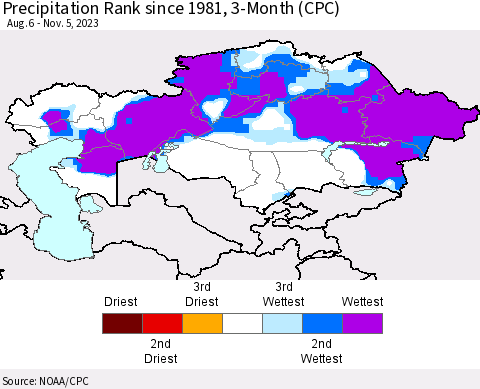 Kazakhstan Precipitation Rank since 1981, 3-Month (CPC) Thematic Map For 8/6/2023 - 11/5/2023