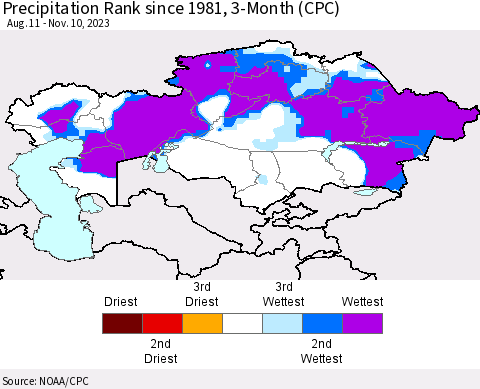 Kazakhstan Precipitation Rank since 1981, 3-Month (CPC) Thematic Map For 8/11/2023 - 11/10/2023