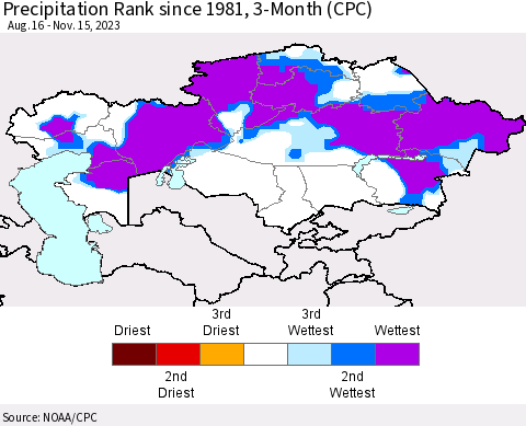 Kazakhstan Precipitation Rank since 1981, 3-Month (CPC) Thematic Map For 8/16/2023 - 11/15/2023