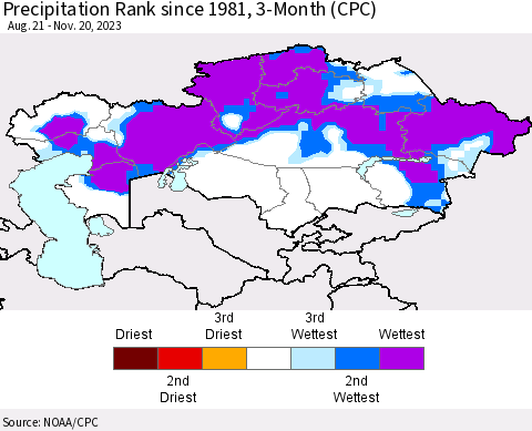 Kazakhstan Precipitation Rank since 1981, 3-Month (CPC) Thematic Map For 8/21/2023 - 11/20/2023