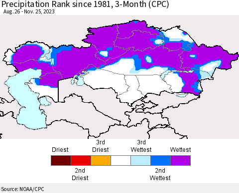 Kazakhstan Precipitation Rank since 1981, 3-Month (CPC) Thematic Map For 8/26/2023 - 11/25/2023