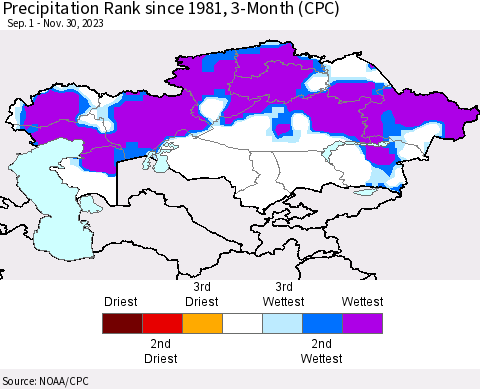 Kazakhstan Precipitation Rank since 1981, 3-Month (CPC) Thematic Map For 9/1/2023 - 11/30/2023