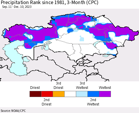 Kazakhstan Precipitation Rank since 1981, 3-Month (CPC) Thematic Map For 9/11/2023 - 12/10/2023