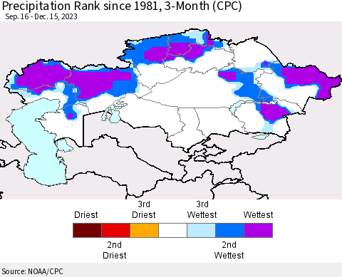 Kazakhstan Precipitation Rank since 1981, 3-Month (CPC) Thematic Map For 9/16/2023 - 12/15/2023