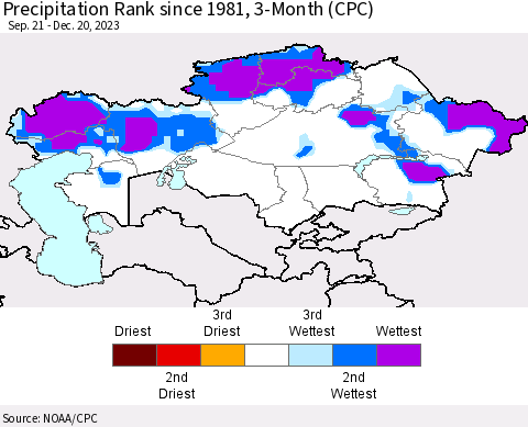 Kazakhstan Precipitation Rank since 1981, 3-Month (CPC) Thematic Map For 9/21/2023 - 12/20/2023