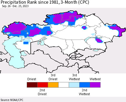 Kazakhstan Precipitation Rank since 1981, 3-Month (CPC) Thematic Map For 9/26/2023 - 12/25/2023