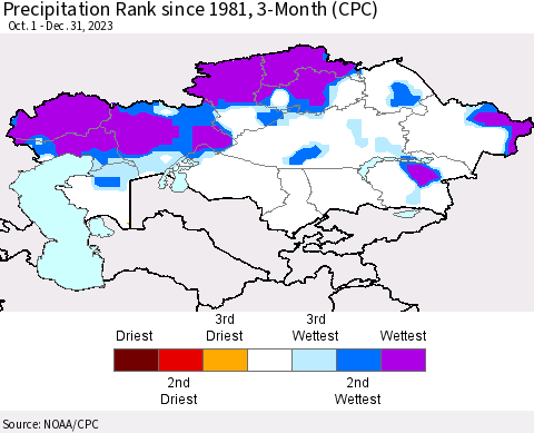Kazakhstan Precipitation Rank since 1981, 3-Month (CPC) Thematic Map For 10/1/2023 - 12/31/2023