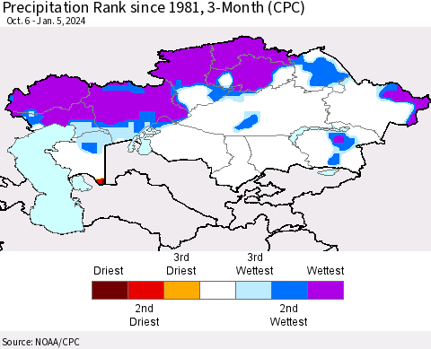 Kazakhstan Precipitation Rank since 1981, 3-Month (CPC) Thematic Map For 10/6/2023 - 1/5/2024