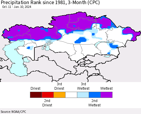 Kazakhstan Precipitation Rank since 1981, 3-Month (CPC) Thematic Map For 10/11/2023 - 1/10/2024