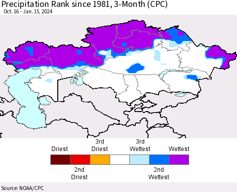 Kazakhstan Precipitation Rank since 1981, 3-Month (CPC) Thematic Map For 10/16/2023 - 1/15/2024