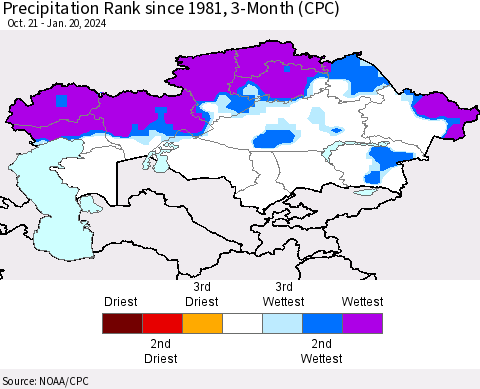 Kazakhstan Precipitation Rank since 1981, 3-Month (CPC) Thematic Map For 10/21/2023 - 1/20/2024
