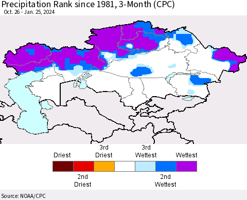 Kazakhstan Precipitation Rank since 1981, 3-Month (CPC) Thematic Map For 10/26/2023 - 1/25/2024