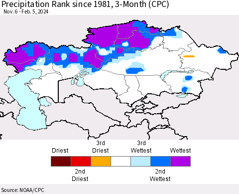 Kazakhstan Precipitation Rank since 1981, 3-Month (CPC) Thematic Map For 11/6/2023 - 2/5/2024
