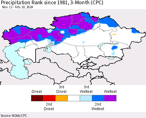 Kazakhstan Precipitation Rank since 1981, 3-Month (CPC) Thematic Map For 11/11/2023 - 2/10/2024