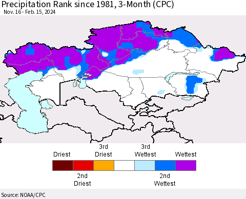 Kazakhstan Precipitation Rank since 1981, 3-Month (CPC) Thematic Map For 11/16/2023 - 2/15/2024