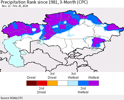 Kazakhstan Precipitation Rank since 1981, 3-Month (CPC) Thematic Map For 11/21/2023 - 2/20/2024