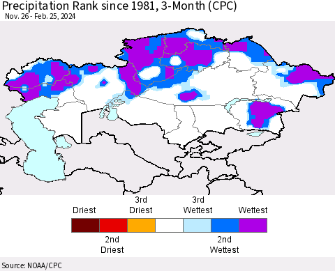 Kazakhstan Precipitation Rank since 1981, 3-Month (CPC) Thematic Map For 11/26/2023 - 2/25/2024