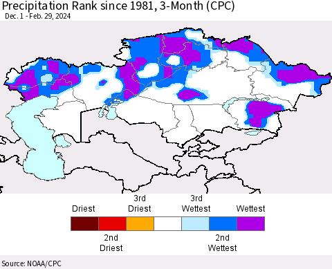 Kazakhstan Precipitation Rank since 1981, 3-Month (CPC) Thematic Map For 12/1/2023 - 2/29/2024