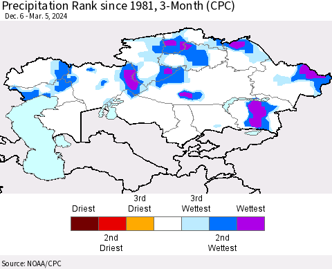 Kazakhstan Precipitation Rank since 1981, 3-Month (CPC) Thematic Map For 12/6/2023 - 3/5/2024