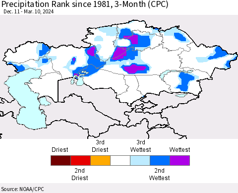 Kazakhstan Precipitation Rank since 1981, 3-Month (CPC) Thematic Map For 12/11/2023 - 3/10/2024