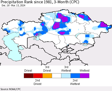 Kazakhstan Precipitation Rank since 1981, 3-Month (CPC) Thematic Map For 12/16/2023 - 3/15/2024