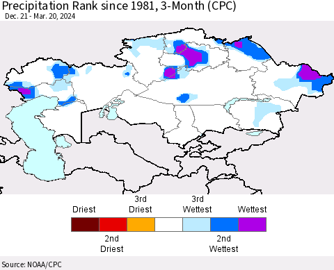 Kazakhstan Precipitation Rank since 1981, 3-Month (CPC) Thematic Map For 12/21/2023 - 3/20/2024