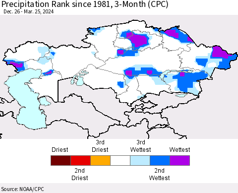 Kazakhstan Precipitation Rank since 1981, 3-Month (CPC) Thematic Map For 12/26/2023 - 3/25/2024