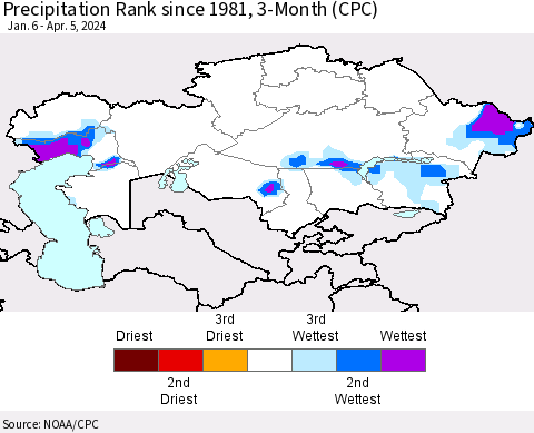 Kazakhstan Precipitation Rank since 1981, 3-Month (CPC) Thematic Map For 1/6/2024 - 4/5/2024
