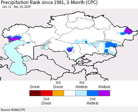 Kazakhstan Precipitation Rank since 1981, 3-Month (CPC) Thematic Map For 1/11/2024 - 4/10/2024