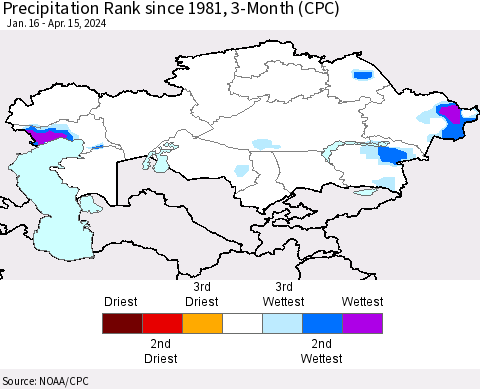 Kazakhstan Precipitation Rank since 1981, 3-Month (CPC) Thematic Map For 1/16/2024 - 4/15/2024