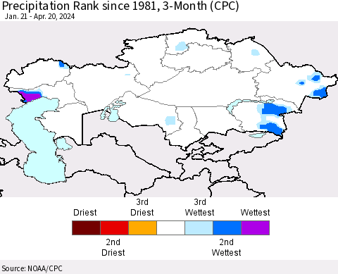 Kazakhstan Precipitation Rank since 1981, 3-Month (CPC) Thematic Map For 1/21/2024 - 4/20/2024
