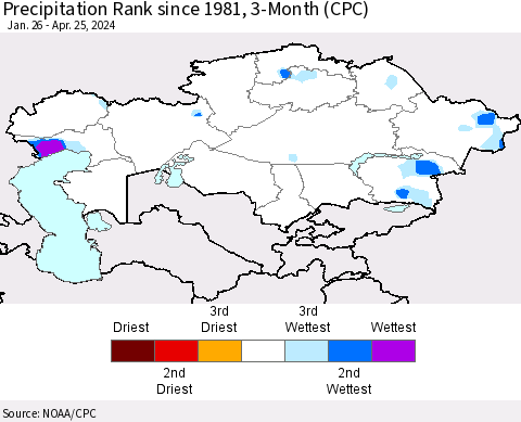 Kazakhstan Precipitation Rank since 1981, 3-Month (CPC) Thematic Map For 1/26/2024 - 4/25/2024