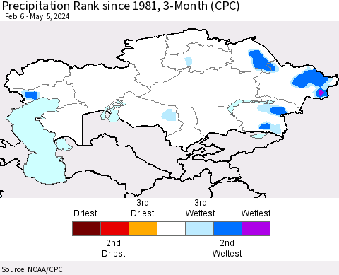 Kazakhstan Precipitation Rank since 1981, 3-Month (CPC) Thematic Map For 2/6/2024 - 5/5/2024