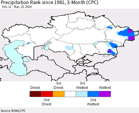 Kazakhstan Precipitation Rank since 1981, 3-Month (CPC) Thematic Map For 2/11/2024 - 5/10/2024