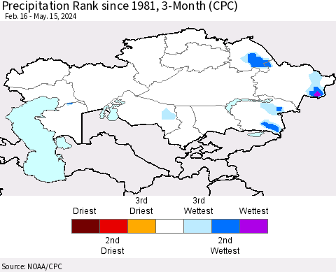 Kazakhstan Precipitation Rank since 1981, 3-Month (CPC) Thematic Map For 2/16/2024 - 5/15/2024