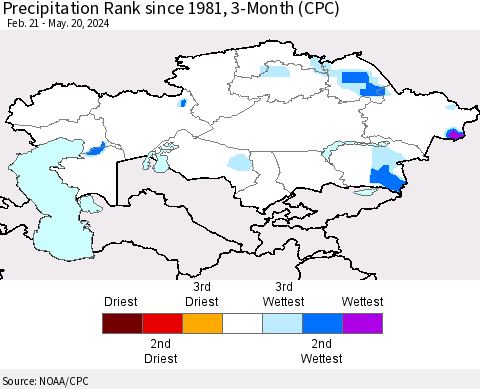 Kazakhstan Precipitation Rank since 1981, 3-Month (CPC) Thematic Map For 2/21/2024 - 5/20/2024