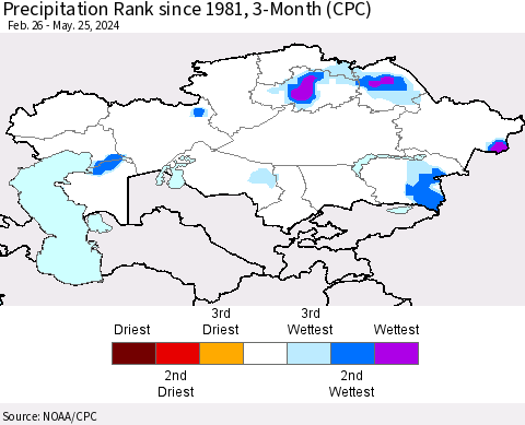 Kazakhstan Precipitation Rank since 1981, 3-Month (CPC) Thematic Map For 2/26/2024 - 5/25/2024