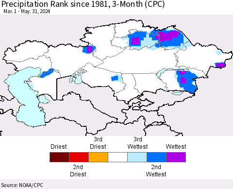 Kazakhstan Precipitation Rank since 1981, 3-Month (CPC) Thematic Map For 3/1/2024 - 5/31/2024